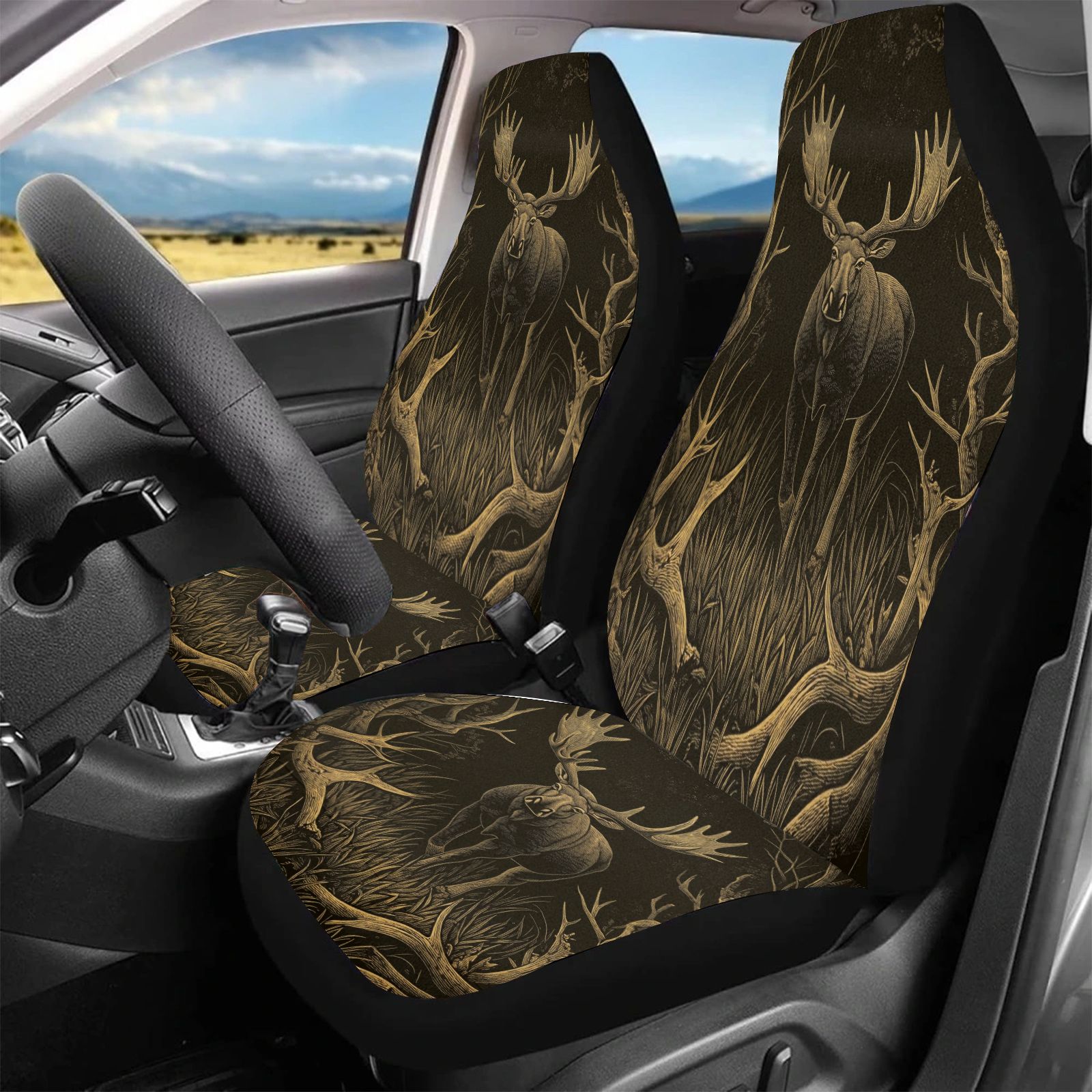 Outdoor Adventure Hunt - Car Seat Covers Brown Elk Pattern